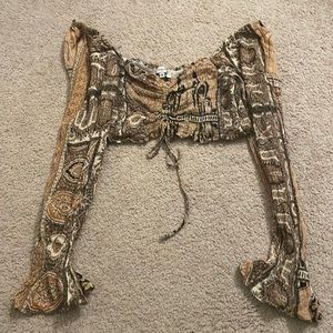 Paisley Bell-Sleeve Crop Top with Subtle Gold Detailing